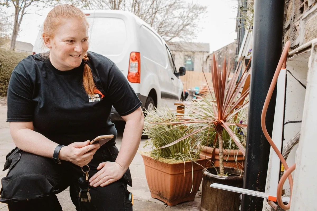 Fay of Dolphin Heating, a Gas Safe engineer in Huddersfield, on a boiler job